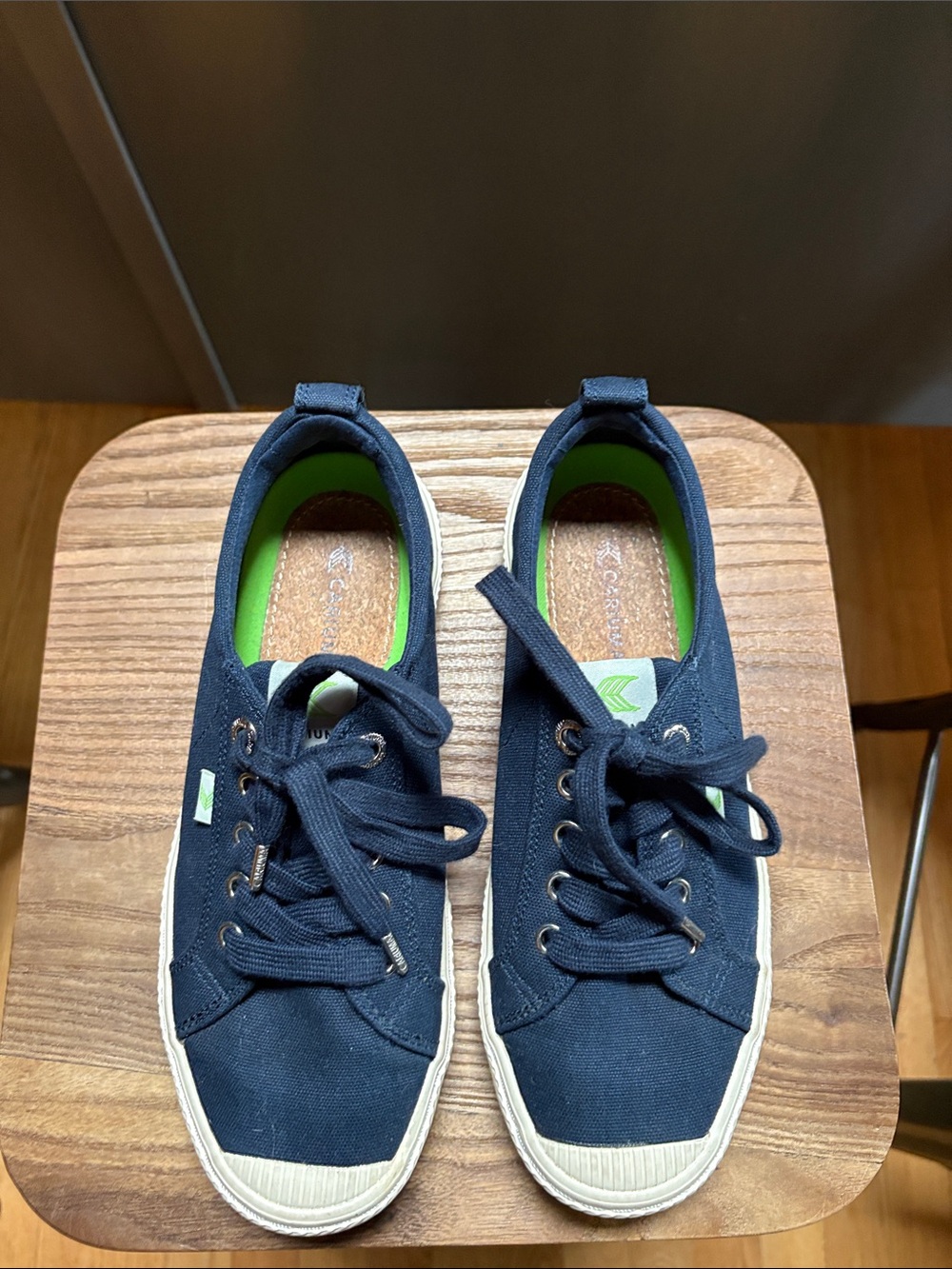 Cariuma Navy Canvas Sneakers with Lime Green Lining